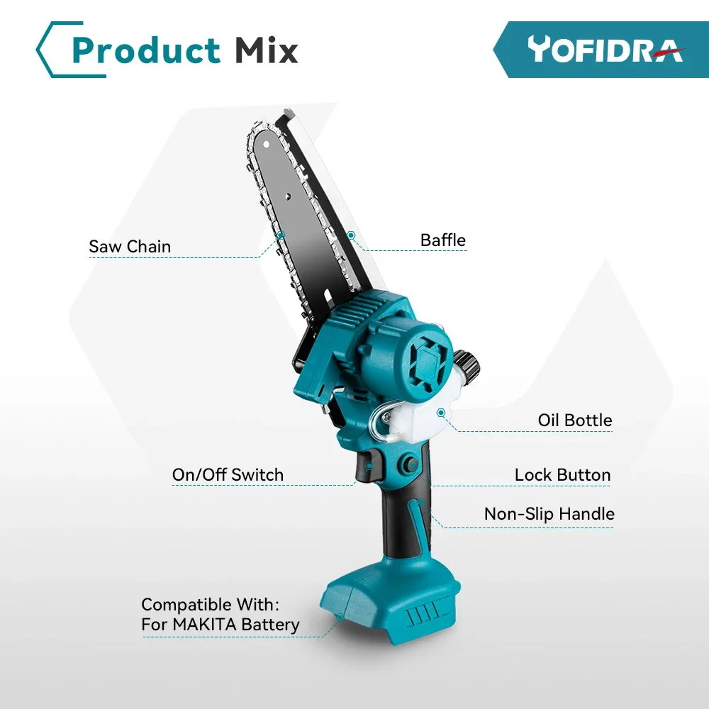 Yofidra 6 Inch Brushless Electric Saw Automatic Oiler Handheld Garden Logging Chainsaw Wood Power Tool For Makita 18V Battery