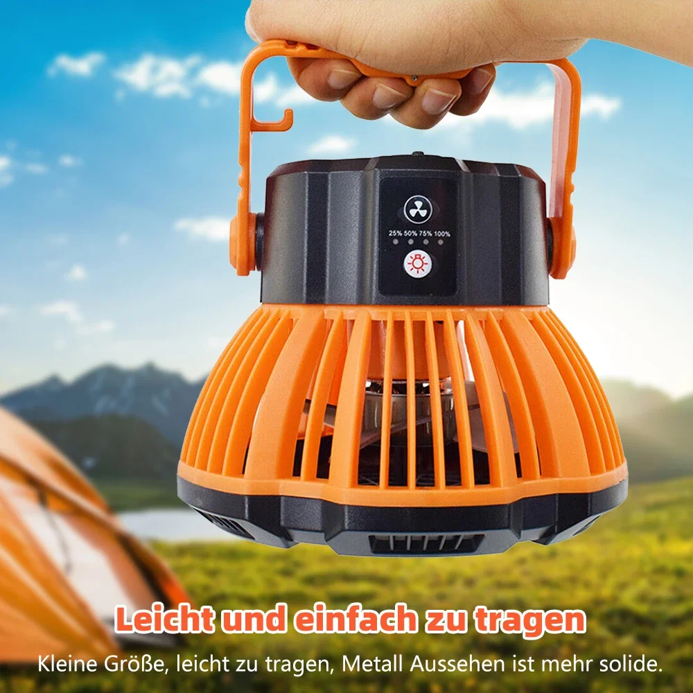 Portátil Camping Fan com 3LED Light, Lanterna ao ar livre, Desk Fan, USB recarregável, controle remoto, Camping Tent Ventilador de teto, Novo