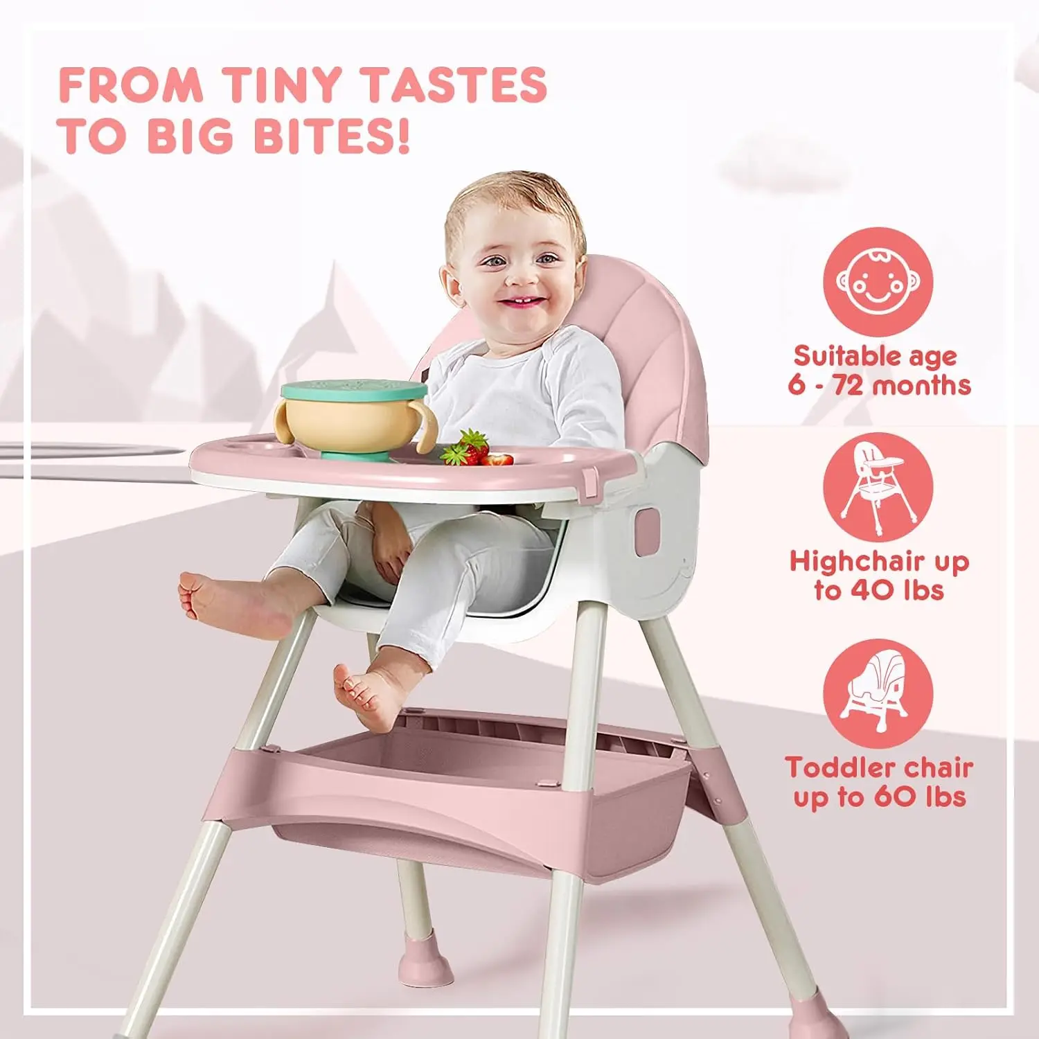 Baby High Chair for Toddlers with Removable Tray, Wheels & Safety Belt (Pink)