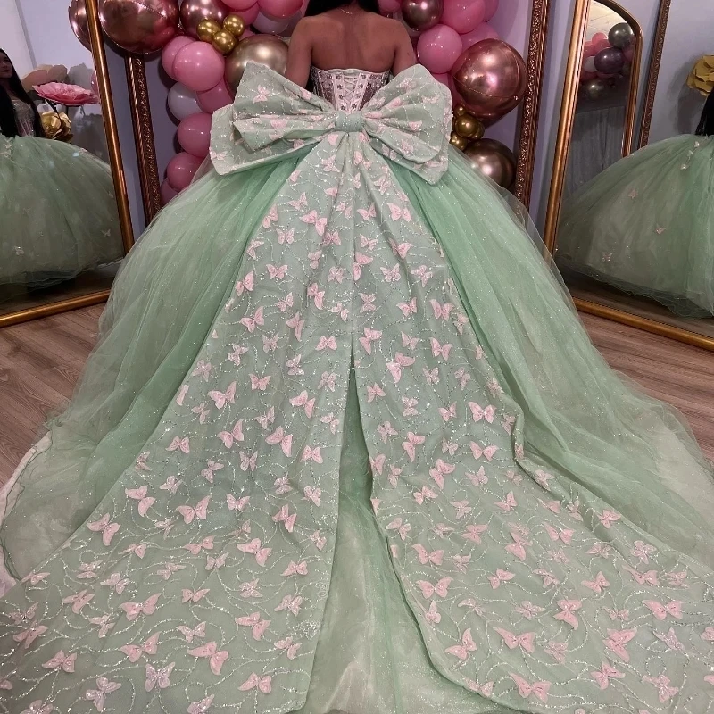 Robes De Quinceanera vert sauge brillant, épaules dénudées, perles De cristal, nœud De princesse, à lacets, 2025