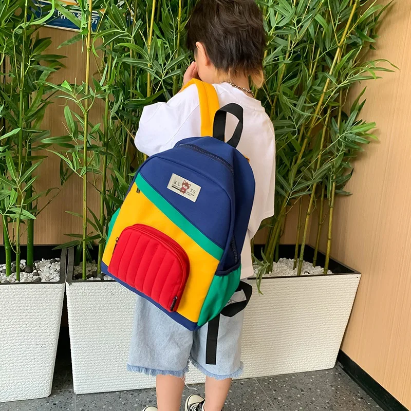 2024 New Kids Backpack Square Patchwork Curved Shoulder Strap Children's Schoolbags Nylon Girl Boy Leisure Travel Bag