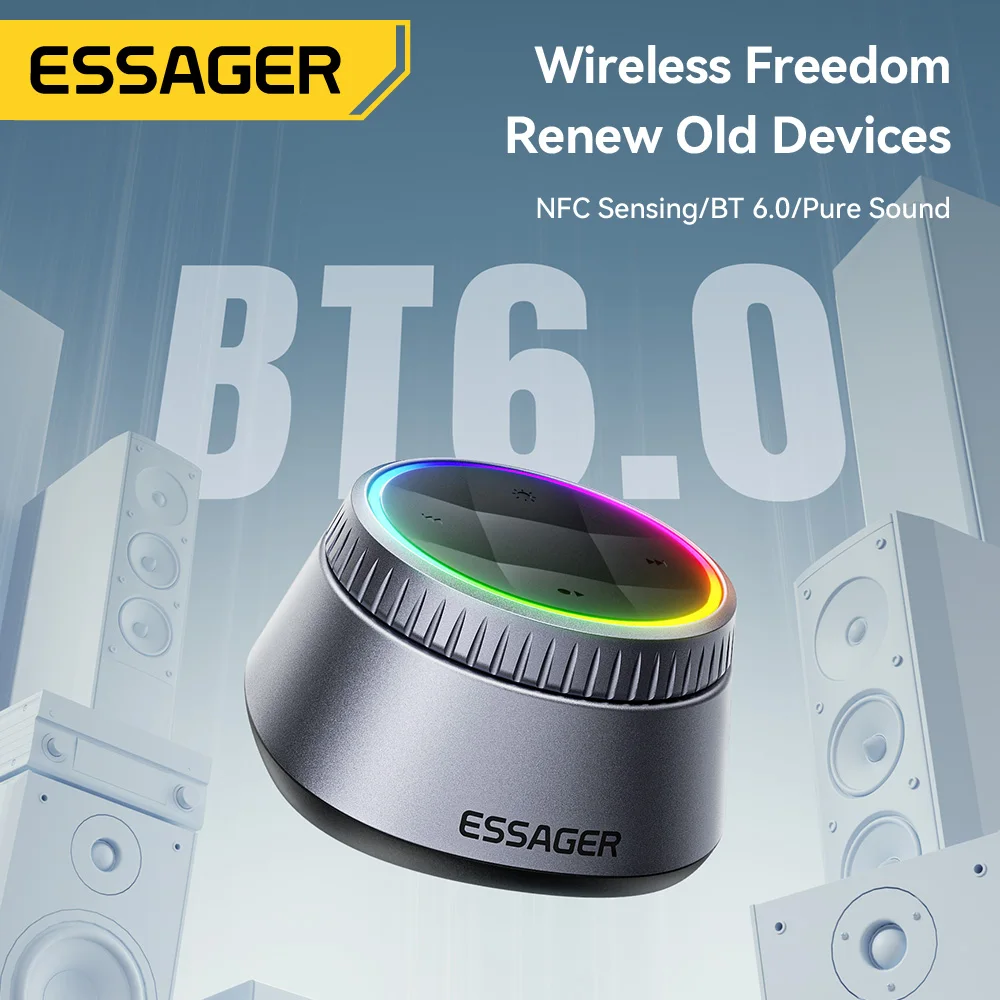 Essager Bluetooth 6.0 Audio Receiver Wireless Music Adapter 3.5mm RCA for NFC Android Car Home Speaker with RGB Light