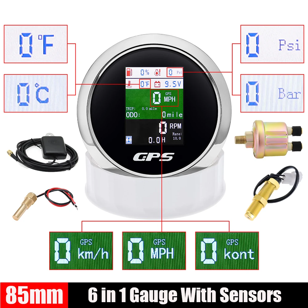 GPS Tacho 85mm 6 in 1 Digital Odometer Speed+Oil Press+Water Temp+Fuel Level+Voltage Meter 240~33ohm Float 1/8NPT Temp Senser