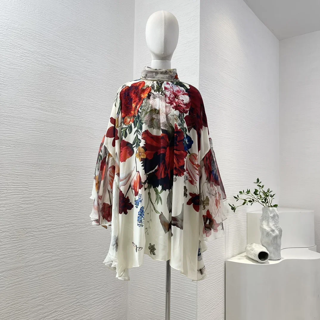 

Silk High Quality Summer 2024 White Red Floral Print Cape Style Long Sleeve Diamonds Pressed Self Bow Tie Black Mini Loose Dress