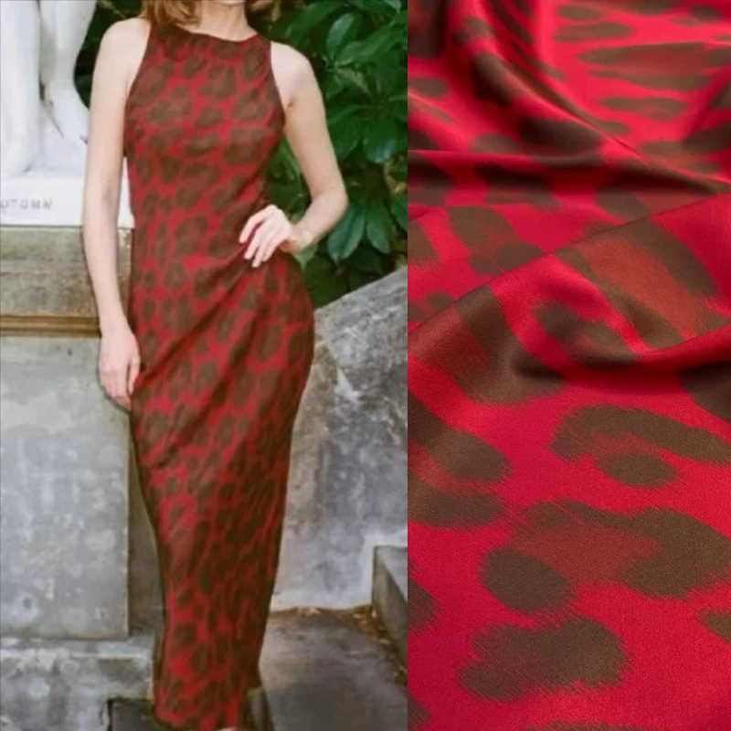 

Эластичная красная саржевая шелковая ткань с леопардовым принтом для шитья своими руками, 95% шелк, 5% ткань из спандекса для летнего платья, пижамных брюк, R2345