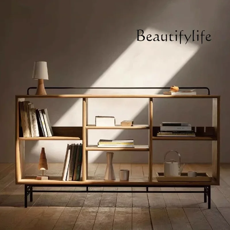 BJ Simple Solid Wood Hollow Display Rack Partition Short Living Room Falling Bookcase Walnut Display Cabinet