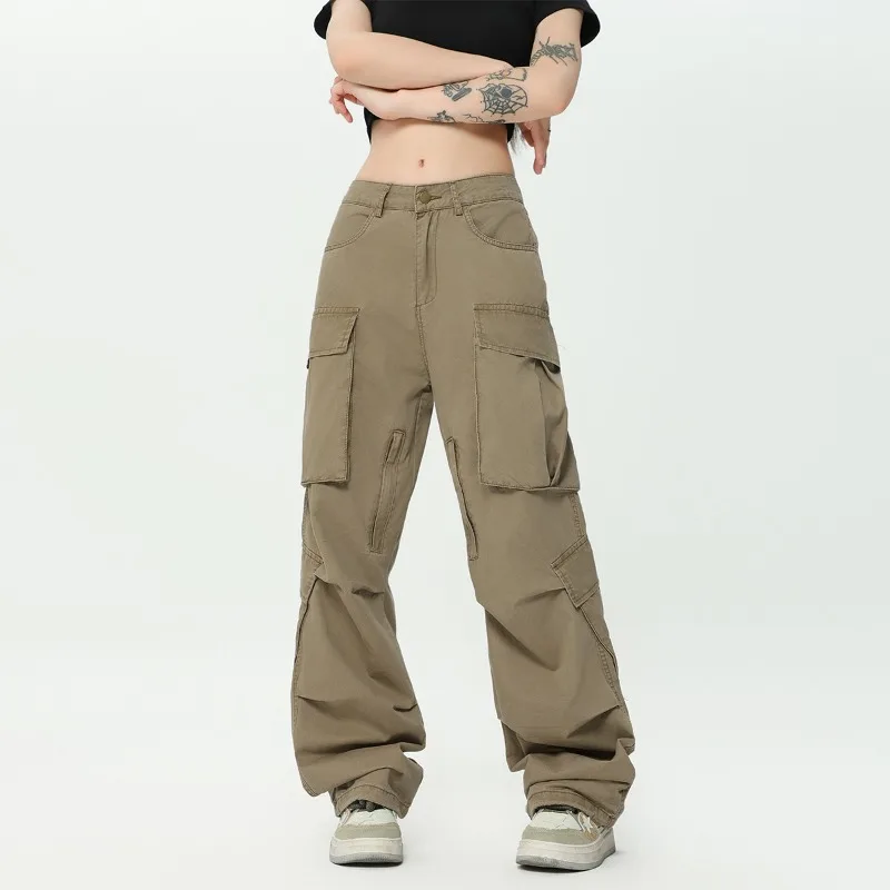 OR FL Retro Maillard 100 Cotton Women Cargo Trousers Trendy brand American Style Wide Leg Women's Baggy Slacks Solid Color Pants