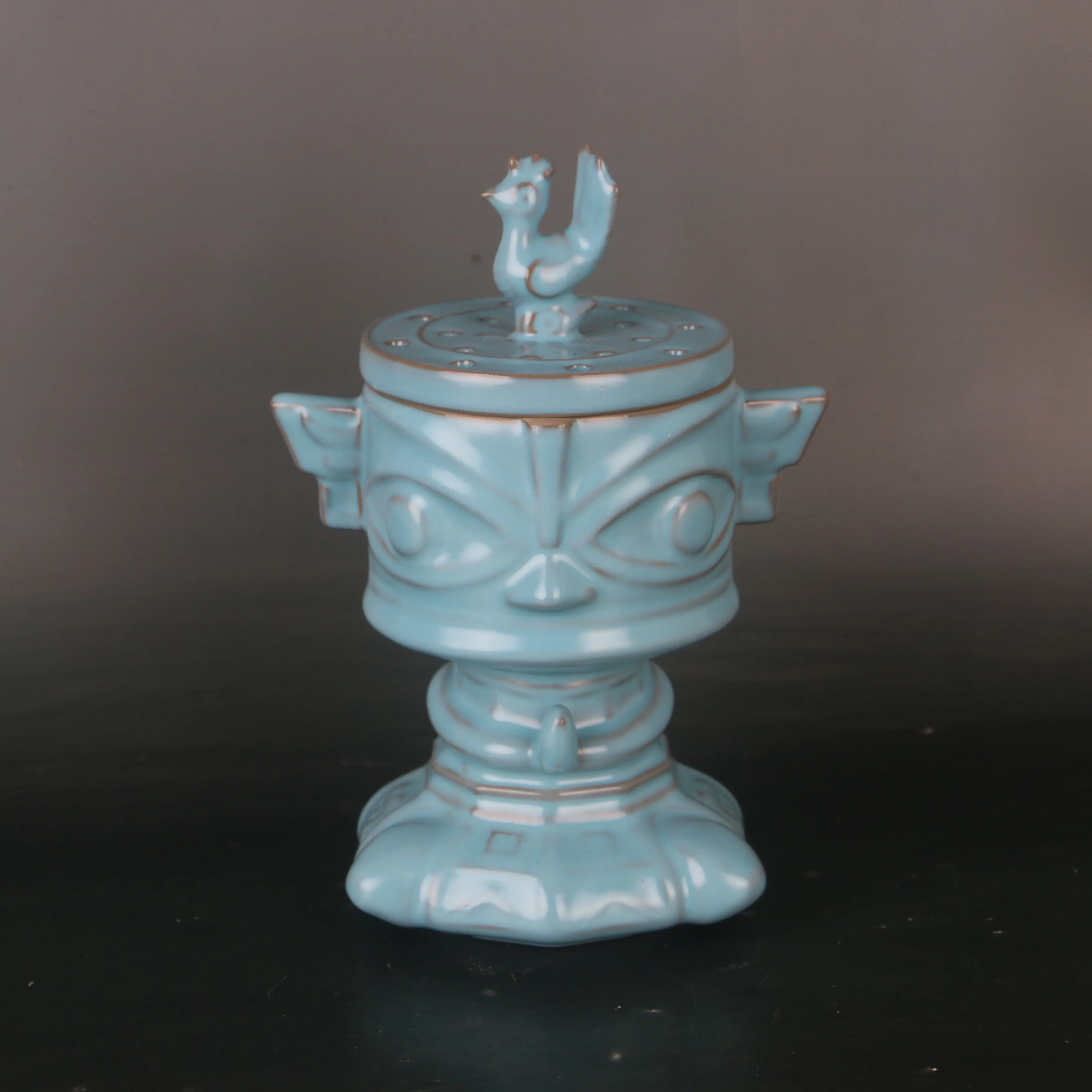 Song Dynasty Ru Ware Blue Glaze Sanxingdui Figure Hollow Incense Burner Imperial Mark Reproduction Porcelain Decor Collectible