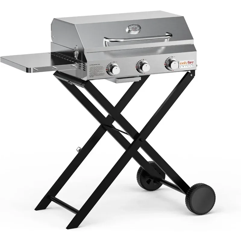 Portable Propane Grill with Lid for Outdoor Patio Backyard Barbecue Camping Grill 3-Burner with Foldable Cart & Side Table