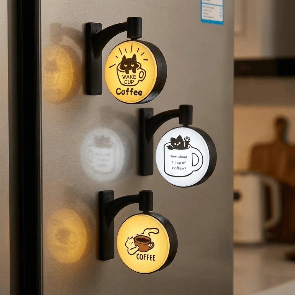 Rotatable Cat Fridge Magnet Light Up Cute Light Sign Cat Coffee Theme Creative Cat Coffee Light Sign Refrigerator Decoration