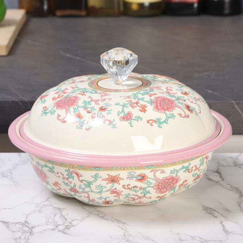 Bacino di zuppa smaltato con coperchio extra lavabo smaltato spesso modello di uccello fiore Vintage organizzatore di immagazzinaggio della cucina stoviglie per feste