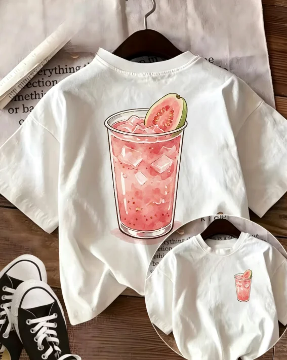 Pink Guava Drink Graphic T Shirt Women men O Neck Short Sleeve Casual Loose Summer Ladies Cute Fruit Print Tops