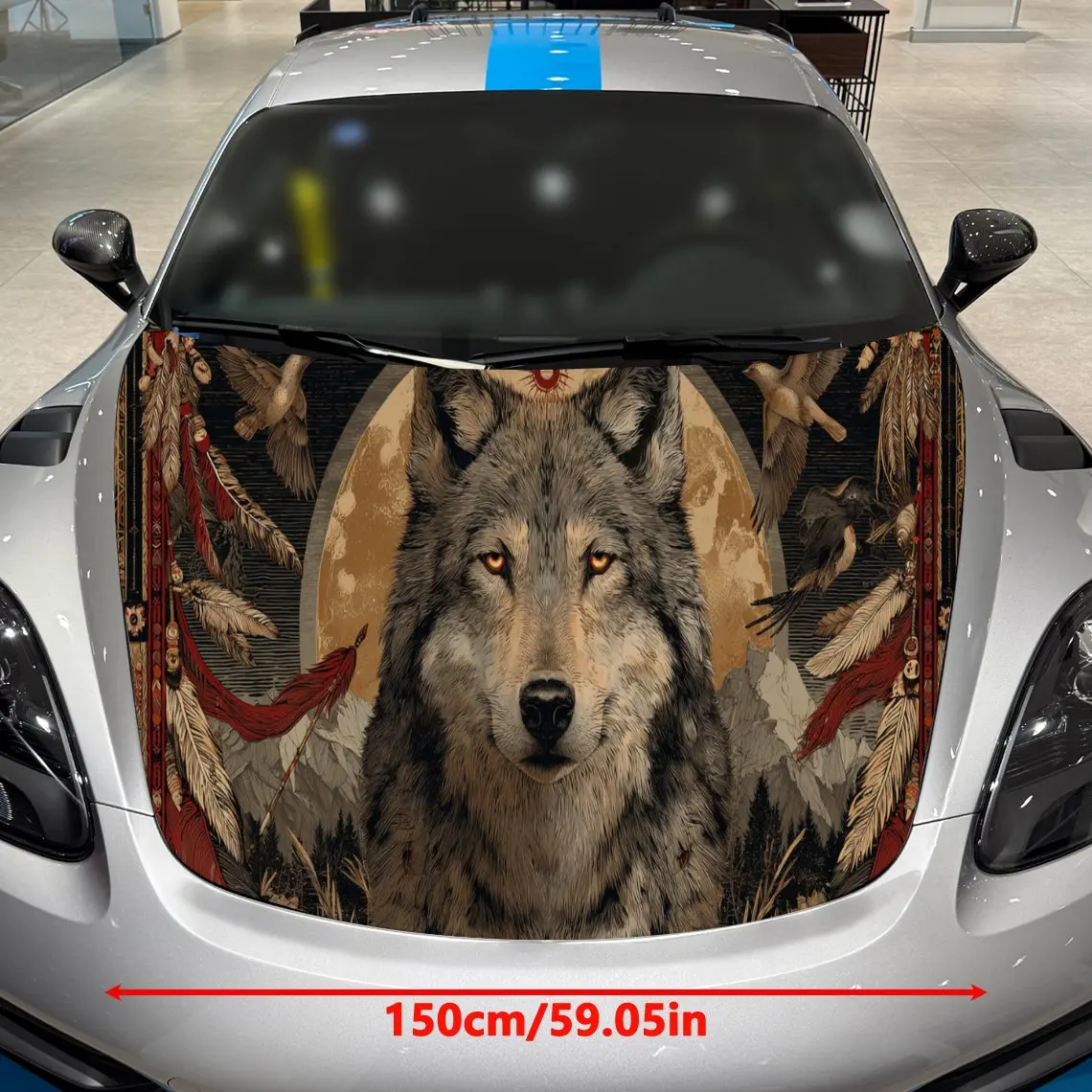 Native American Wolf Auto Cover Sticker, Waterproof and Self-adhesive Auto Hood Decal, Auto Vinyl Wraps, Cool Car Exterior Decal