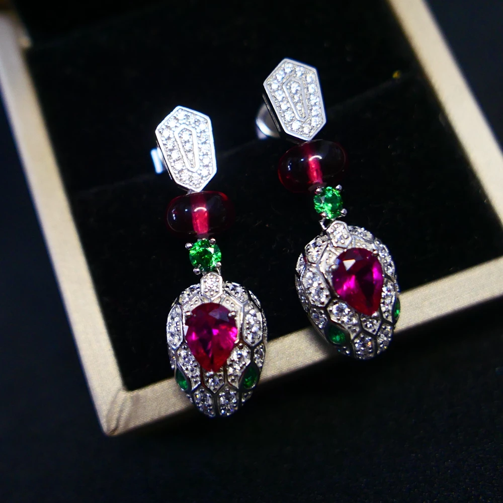 Solid 925 Sterling Silver Lab Emerald Ruby Red Gemstone High Carbon Diamond Snake Head Earrings Designer Luxury Fine Jewelry