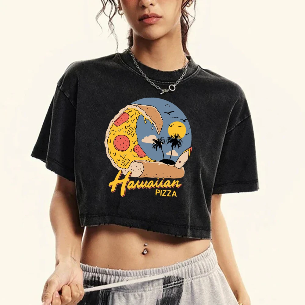 Delicious Pizza Harajuku Printed Women Washed T Shirts All-Match O-Neck T-Shirt Casual Fashion Crop Tops Cotton Short Sleeve 