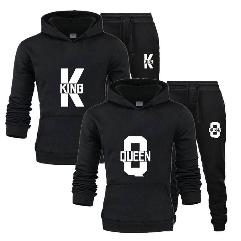 Fashion Lover Couple Clothing Sportwear Set KING QUEEN Printed Hooded Clothes 2PCS Set Women Hoodie and Pants Suit Hoodies