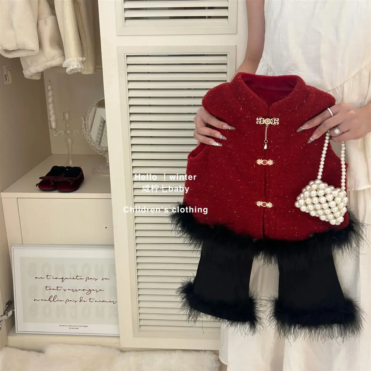 Girls New Year's Greetings Winter Clothes 12M-6Y Children's One-year-old Dress Baby Chinese Red Vest Integrated Velvet Pants