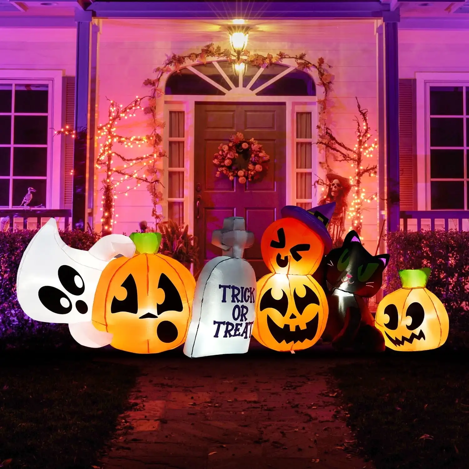 8 ft Long Pumpkin Ghost Cat Halloween Inflatables Characters Long Light Up  Tombstone Halloween Blow up Yard Decorations