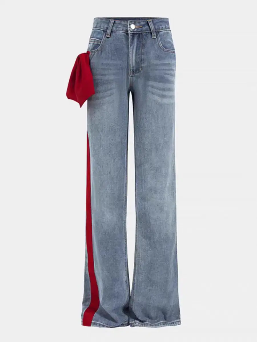  Side Color Block Wide Leg Jeans Women's Loose High Waist Long Straight  Knot Tie Dye Denim Pants Autumn