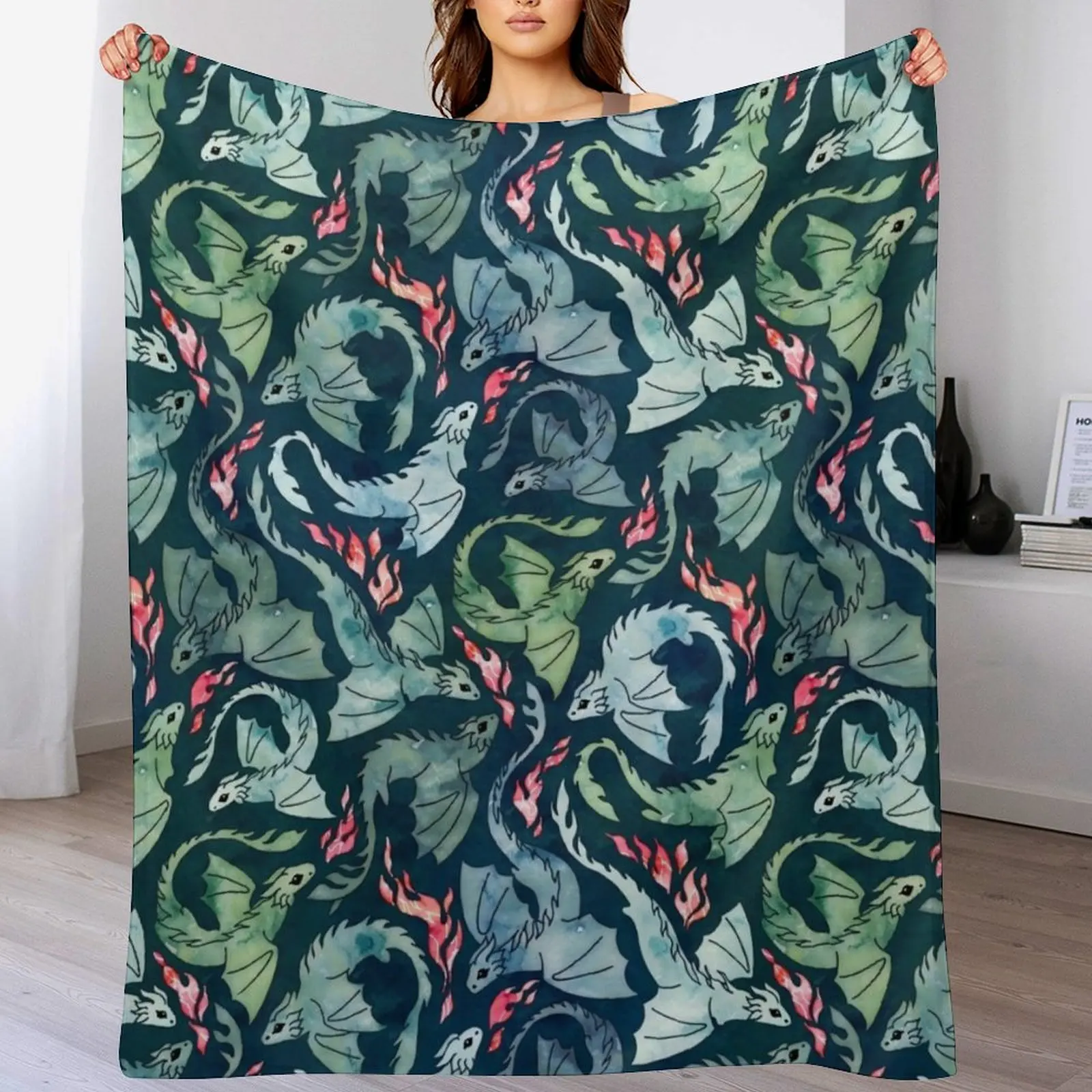 Dragon fire dark blue & green Throw Blanket Multi Use Warm Blanket for Living Room Bedroom
