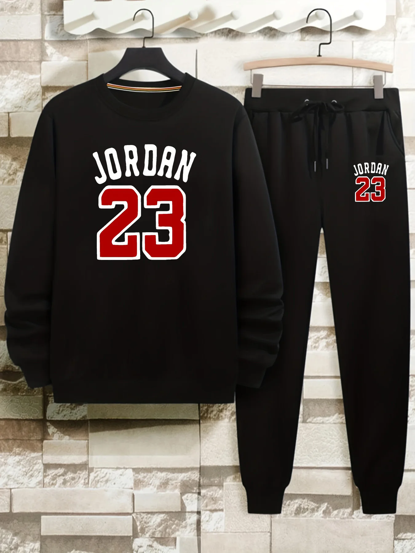ชุดเสื้อสเวตเชิ้ตคอกลมผ้ากำมะหยี่หนาพิมพ์ลาย JORDAN 23 สำหรับฤดูใบไม้ร่วงและฤดูหนาวของผู้ชาย + ชุดกางเกงกีฬา