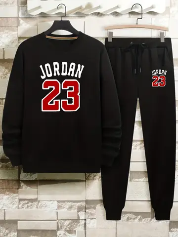Men's autumn and winter casual warm JORDAN 23 printed loose and thick velvet round neck sweatshirt+sports pants set