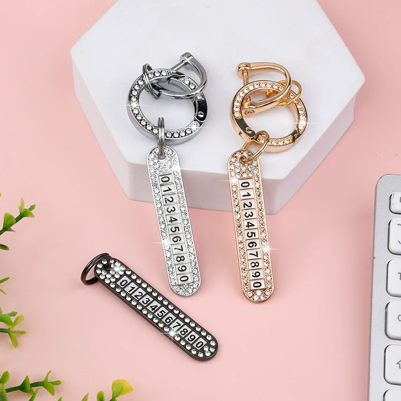 Fashionable Diamond Encrusted Anti Loss Car Keychain with Design Parking Phone Number Plate Metal Keychain for Women