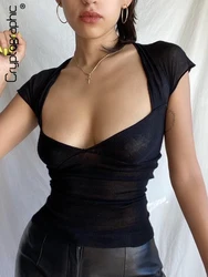 Cryptographic-Tops con cuello cuadrado para mujer, Tops sexys sin espalda, Top corto de manga corta, camisetas elegantes, ropa de calle ajustada