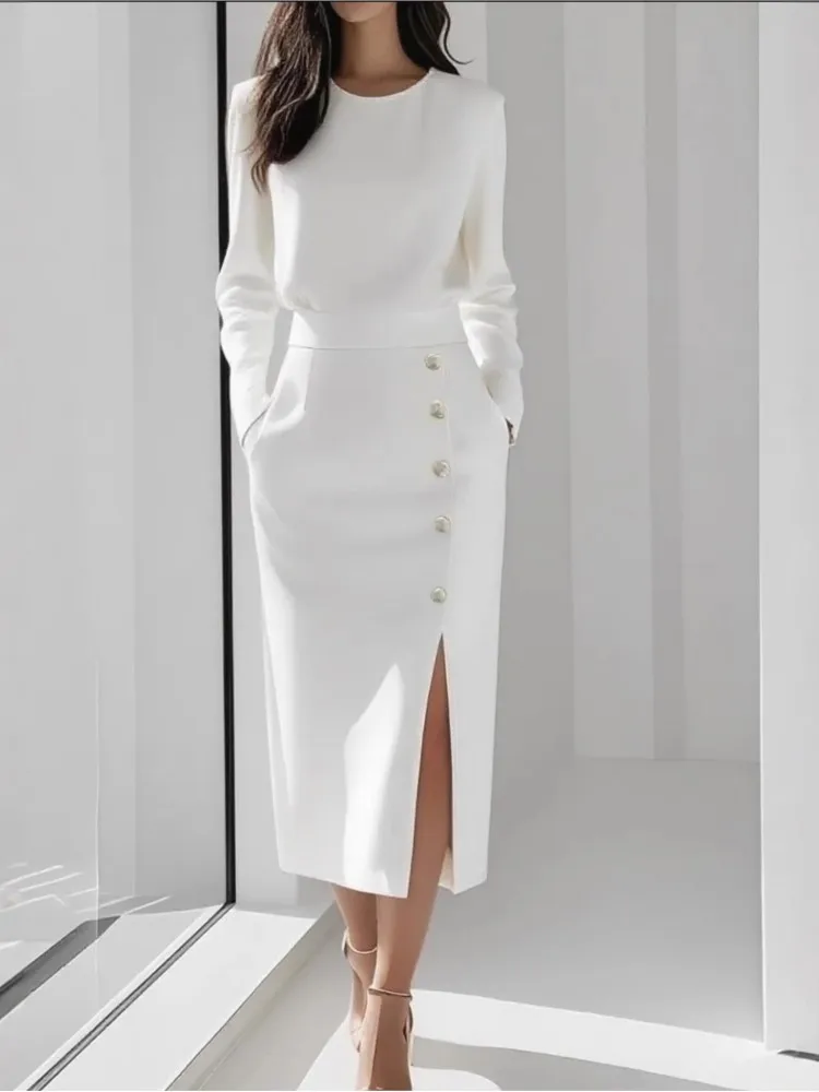 

Женское платье с длинными рукавами и круглым вырезом на талии, украшенное пуговицами, с разрезом, осеннее темпераментное элегантное повседневное платье для дома и офиса