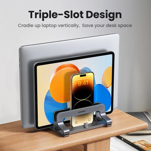 Imagen 2 del producto UGREEN-soporte Vertical para ordenador portátil, soporte de aluminio con tres ranuras para MacBook Air Pro, tableta, iPad y teléfono