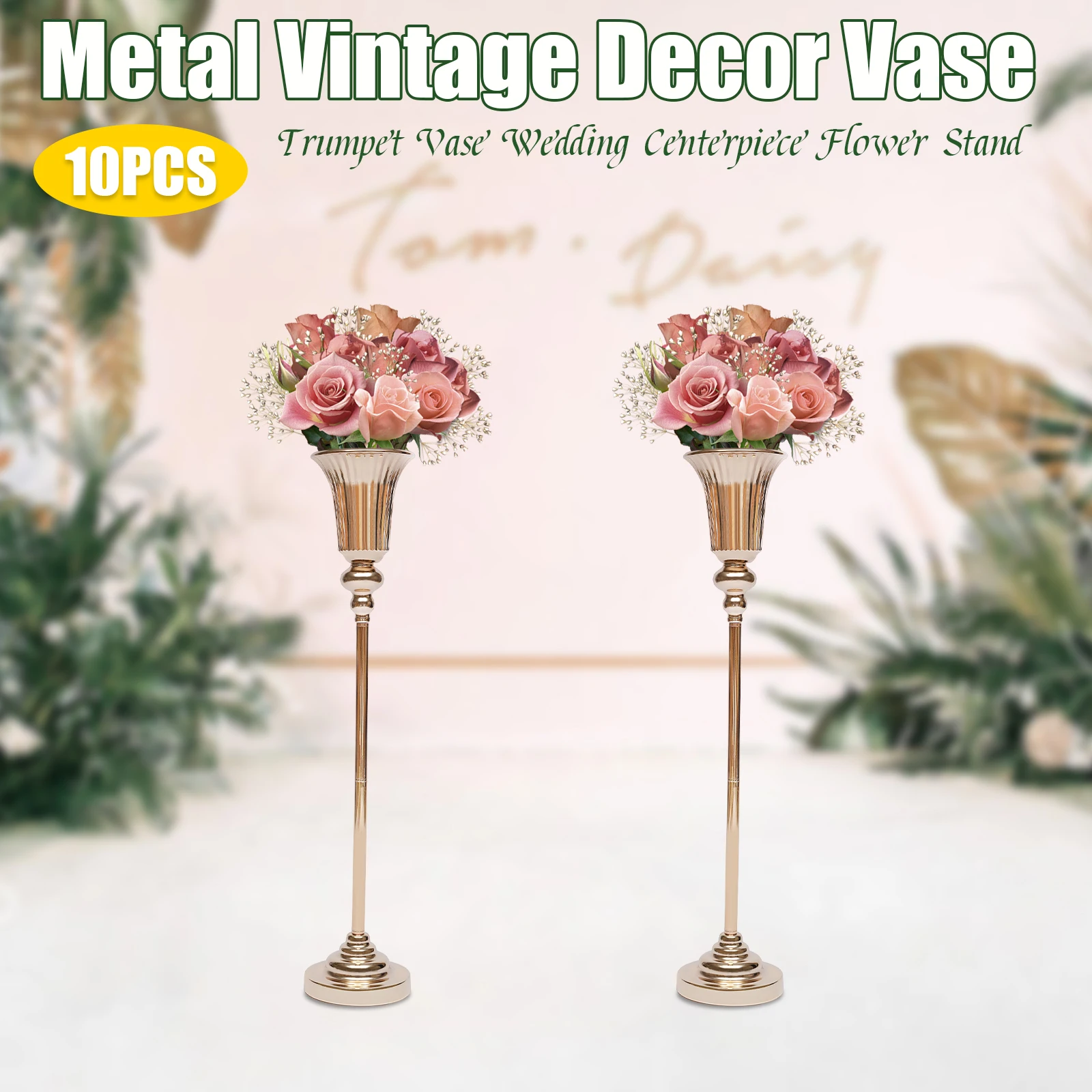 

10Pcs Vintage Metal Trumpet Vase Gold Wedding Centerpieces Iron Flower Stand Party Home Decor 77.5cm