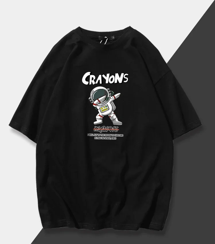 تي شيرت ذو علامة تجارية عصرية لرائد الفضاء للرجال، قميص صيفي من القطن الخالص متعدد الاستخدامات، هيب هوب فضفاض بأكمام قصيرة