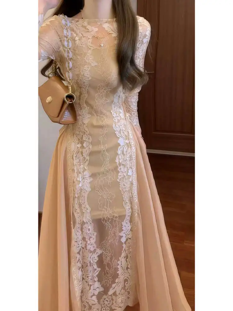 

Unique Elegant Lace Splicing Chiffon Dress Wrap around Long Skirt Spring 2026 Fashionable Minimalist Style French Style Dress