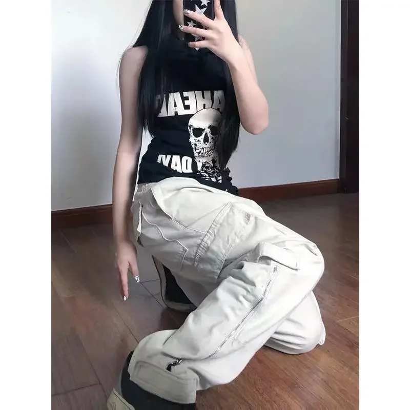 Retro Couples Straight New Oversized Pocket Cargo Pants Girls Casual Streetwear Wide Leg Pants Apricot Cargo Pant