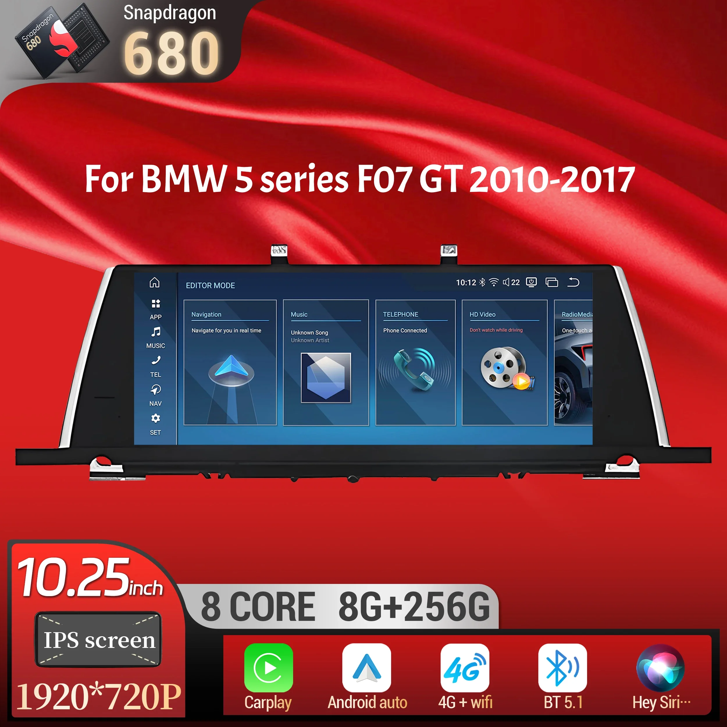 10.25 inch Android 13 Car Radio For BMW 5 series F07 GT 2010-2017 GPS Wireless Bluetooth Carplay Snapdragon 680 Head Unit Screen