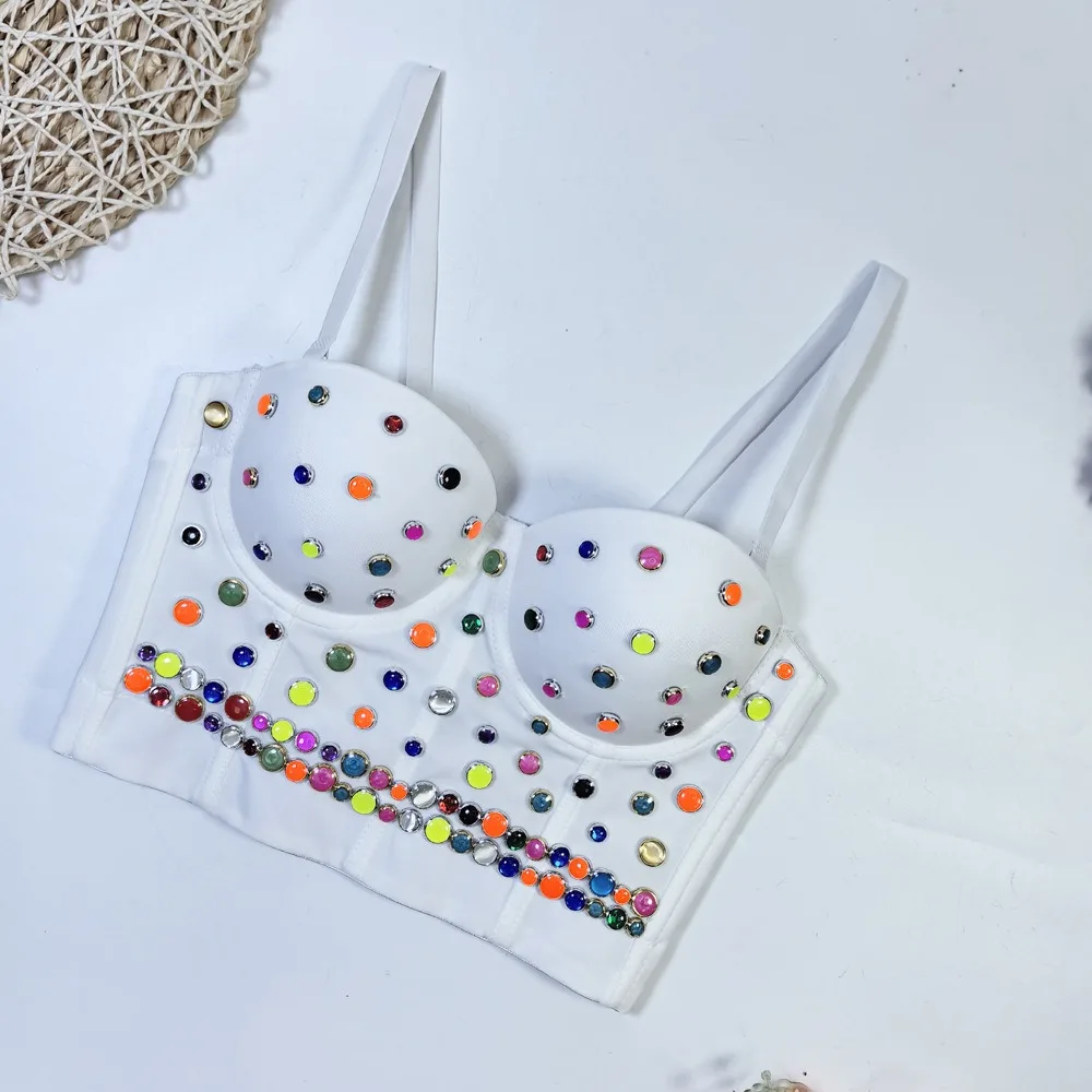 IRENE TINNIE 2024 클럽 폴 댄서 크롭 탑, 화려한 구슬 장식, 섹시한 뷔스티에, 탈착식 스트랩, 푸시업 브라, 짧은 코르셋