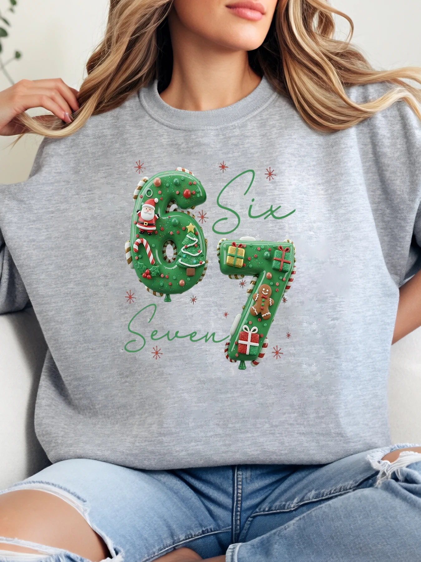 

Christmas Cookie Numbers Six Seven Print Sweatshirt Women Holiday Casual Wear Gray Plus-Size