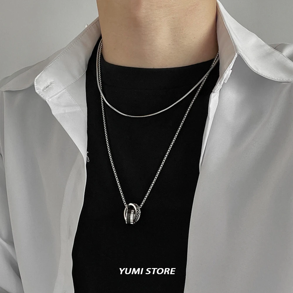 Retro Double Ring Pendant Necklace For Man Woman Luxury Titanium Steel Non Fading Sweater Chain Hip Hop Couple Jewelry Kpop Gift