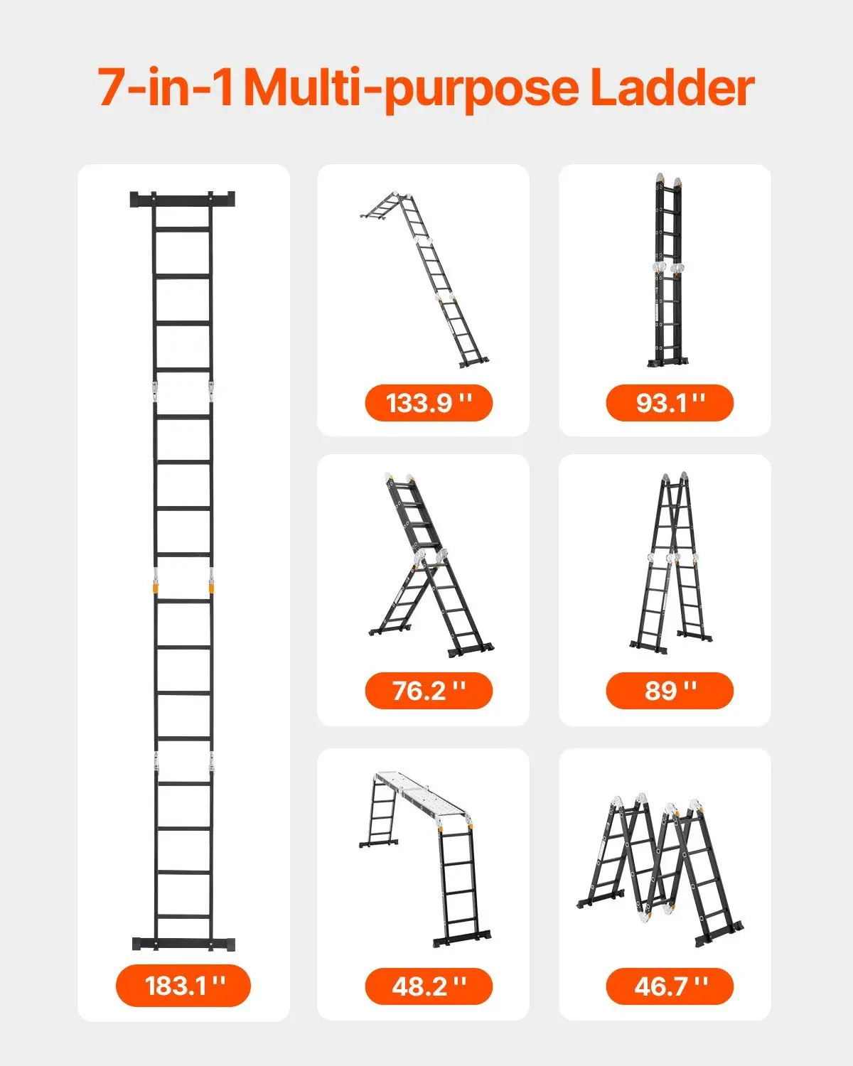 Multi-Purpose Folding Ladder 7-in-1 4 Step 15.5ft with Scaffolding Plank