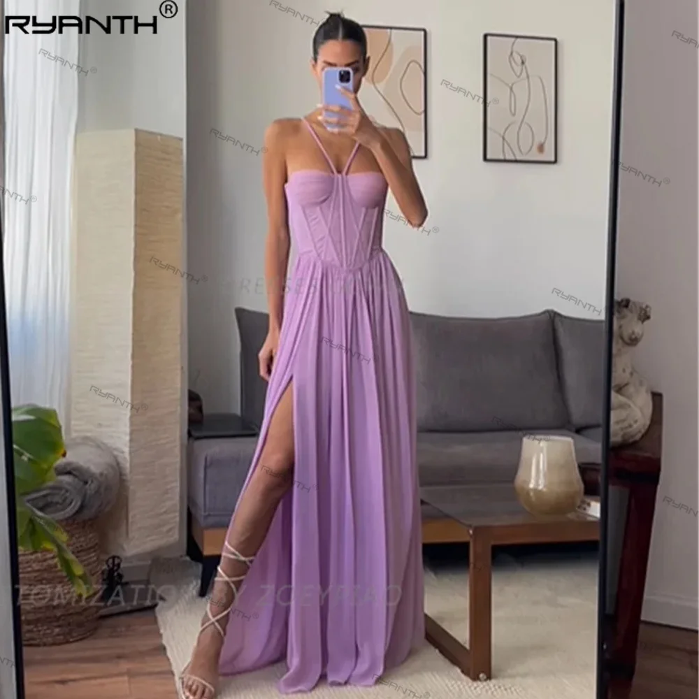 Ryanth Purple A Line Chiffon Customized Formal Occasion Floor-Length Prom Dress Side Slit Long Custom Evening Party Gowns