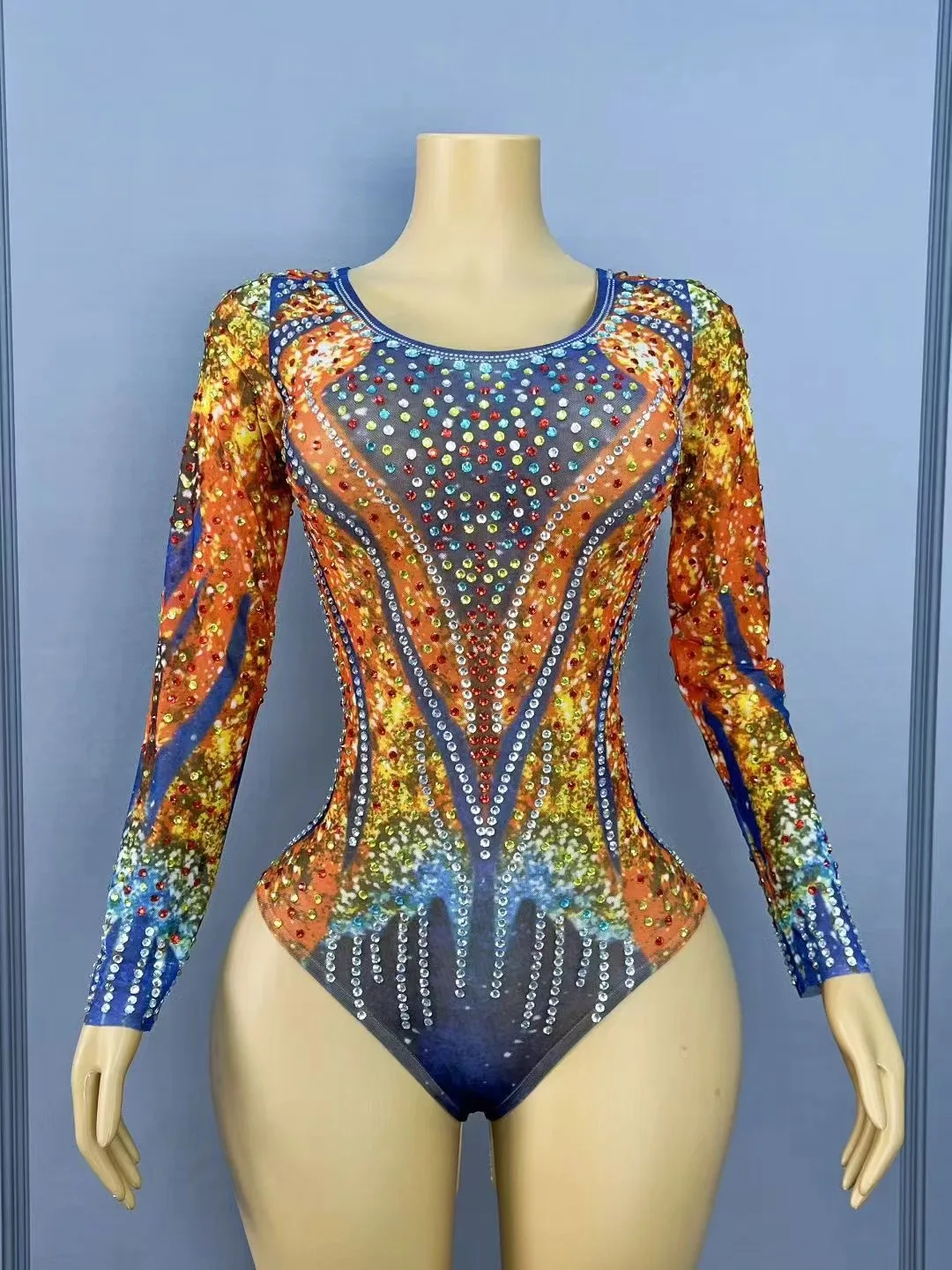 

Newest Luxury Sparkly Rhinestones Sexy Mesh Long Sleeve Bodysuits Women Performance Dance Costume Sincer Nightclub Stage Outfit