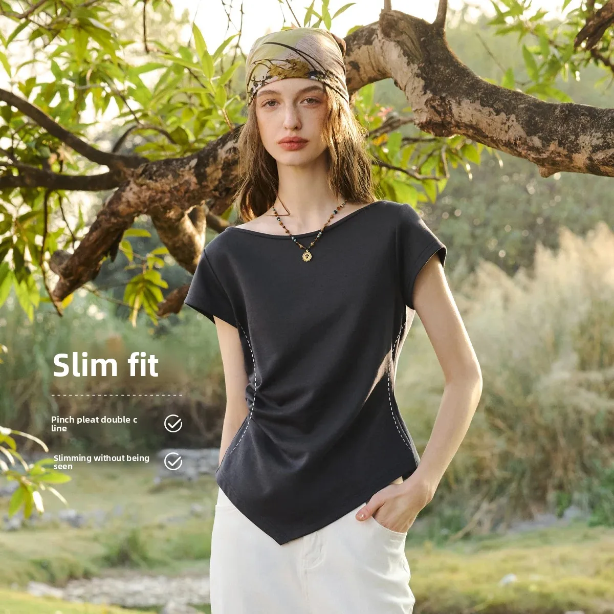 OLrain Women' s Casual Tee Gray Waist Pleated Short Sleeve Off Shoulder T-Shirt 2026 Summer New Top Daily Outfit O58XT005289