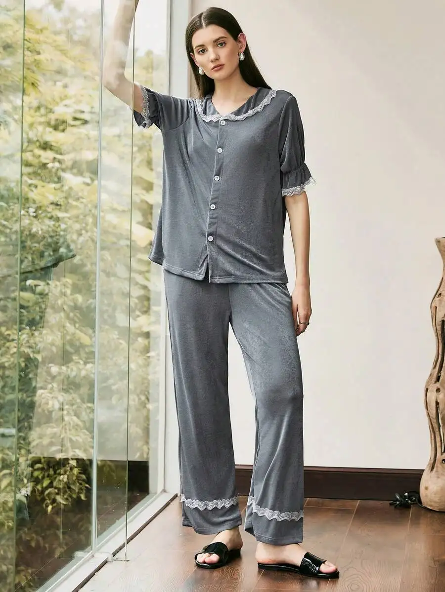 

Elegant Lace Trim Pajama Set For Women With Turn-Down Collar