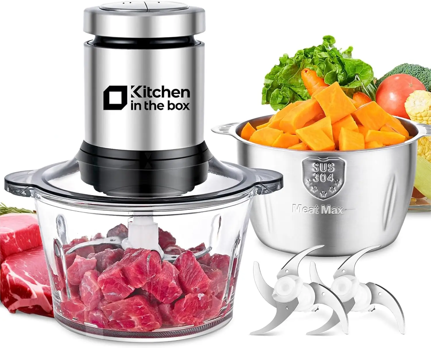 

Electric Food Processor with 400W Motor, 2 Bowls (8 Cup Each), 2 Blade Levels for Meat, Fish, Vegetables, Baby Food