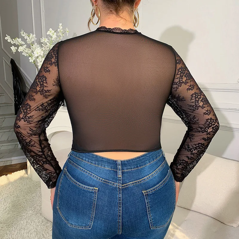 فتاة سوداء مقاس كبير XL-4XL كاملة الجسم، دانتيل شبكي رفيع مرقع، قطع علوية مثيرة وشفافة من الفولاذ على شكل هيكل السمكة #5