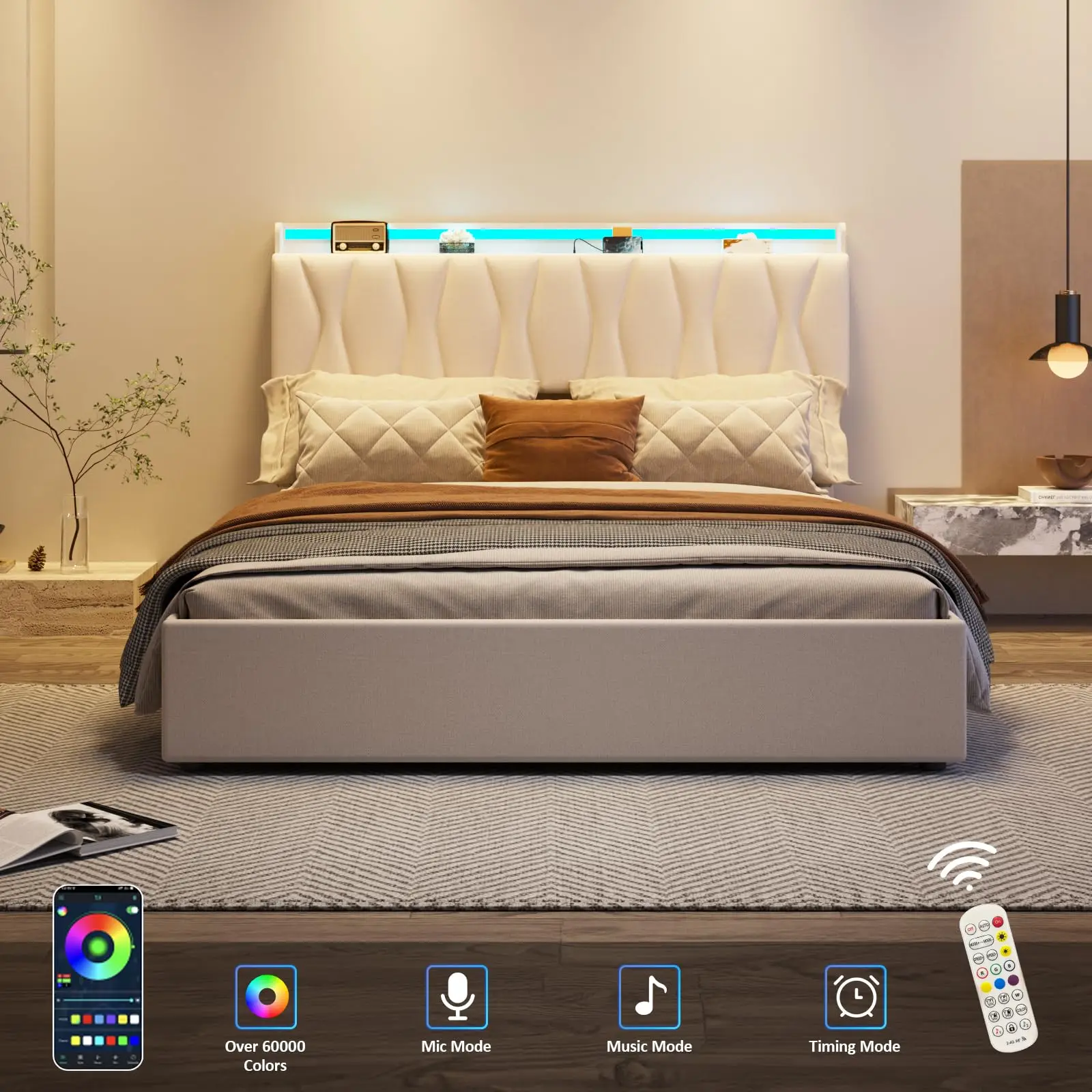 Vabches Lift Up Queen Bed Frame with Storage Headboard Upholstered Platform Bed Frame with Power Outlet&LED Lights No Box Spring image 4