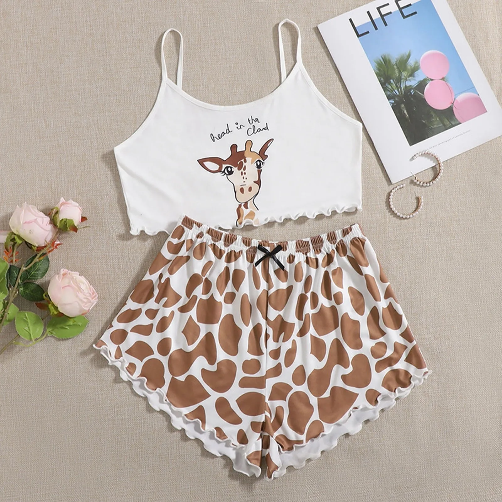 Women'S Giraffe Print Pajama Set Close-Fitting Casual Homewear Sexy Camisole Top Giraffe Spotted Shorts пижама женская