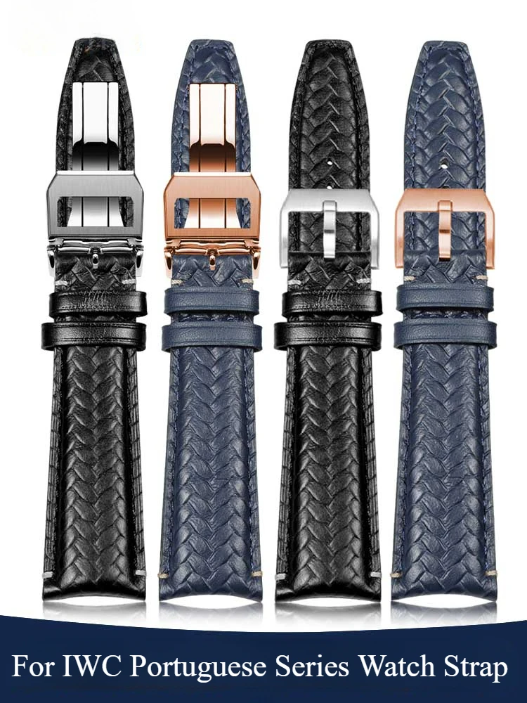 For IWC Portuguese Series IW503312  IW371614 Curved Interface Waterproof Woven Style Genuine Cow Leather Watch Strap 20 22mm