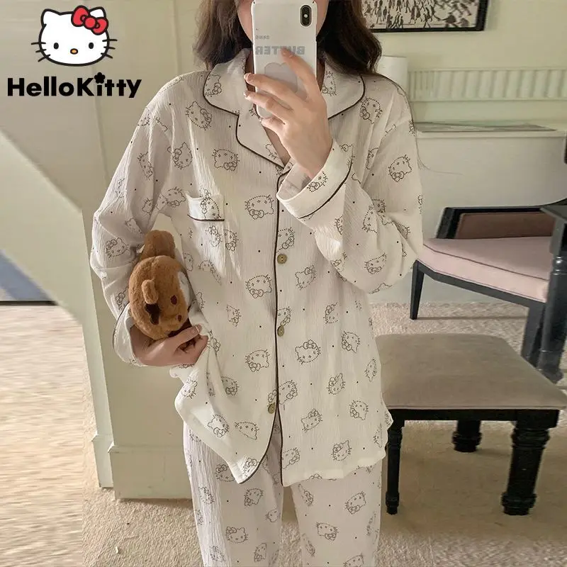 Sanrio Hello Kitty Women\'s Spring Autumn New Sleepwear Japanese Style Fashion Long Sleeve Pajamas Simple Design Home Clothes Set