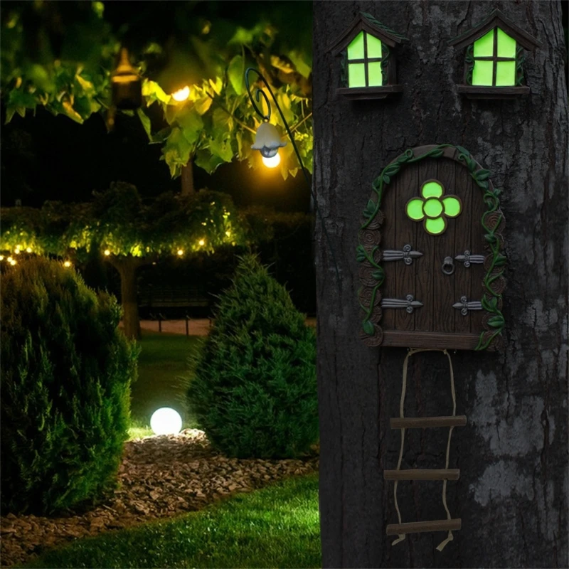 Miniature Garden Door Glow In Dark Fairy House Window Door with Fairy Lamp for Garden Fairies Sleeping Yard Sculpture